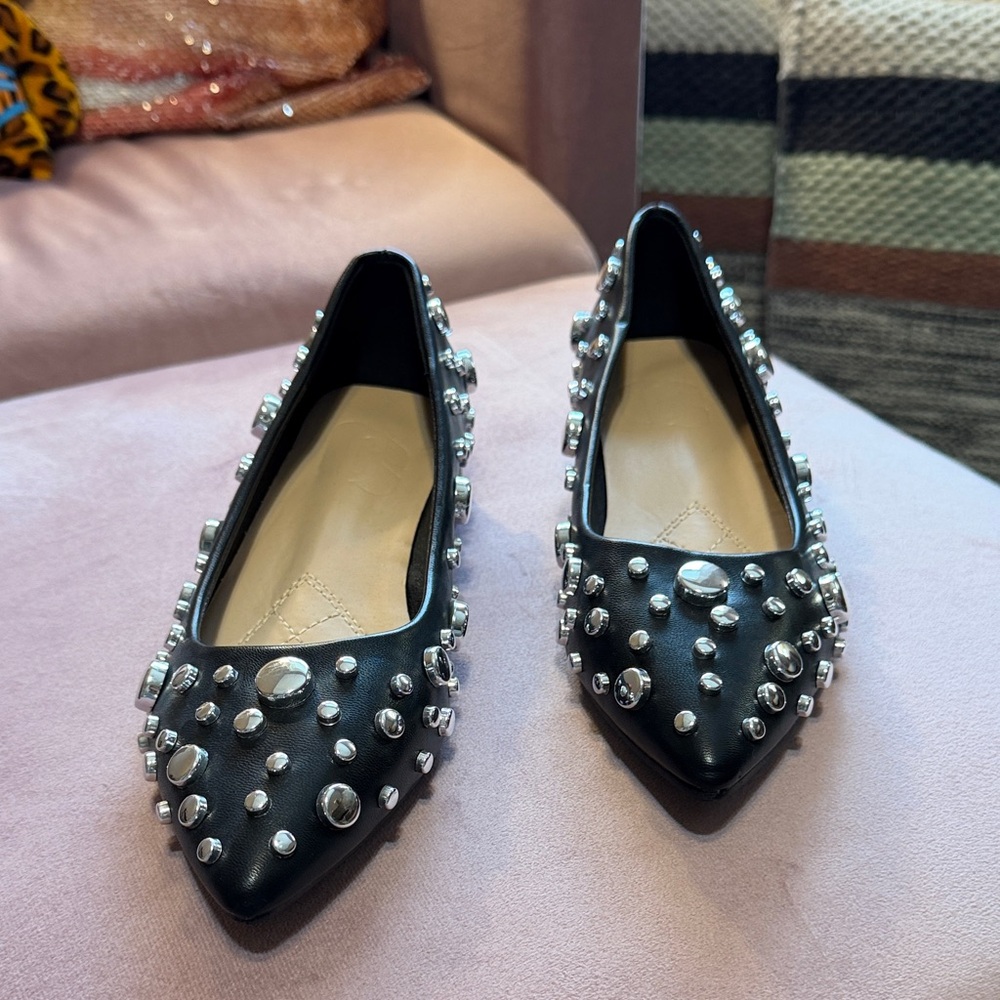 Studded Black Pointed Toe Flats - Women's Fashion Ballet Shoes - Picture 2 of 3